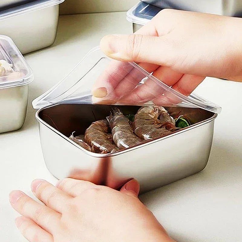 Conjunto de 2 Caixas de Armazenamento em Aço Inoxidável para Geladeira – Congelamento e Conservação de Alimentos