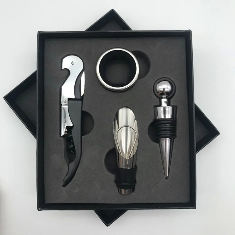 Conjunto de 4 Peças para Vinho – Saca-Rolhas, Tampa, Vertedor e Estojo de Presente