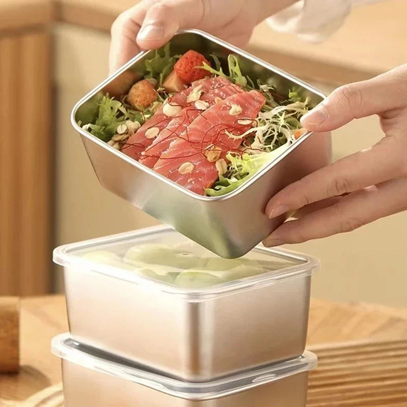 Conjunto de 2 Caixas de Armazenamento em Aço Inoxidável para Geladeira – Congelamento e Conservação de Alimentos