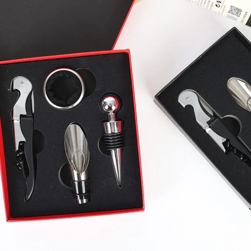 Conjunto de 4 Peças para Vinho – Saca-Rolhas, Tampa, Vertedor e Estojo de Presente