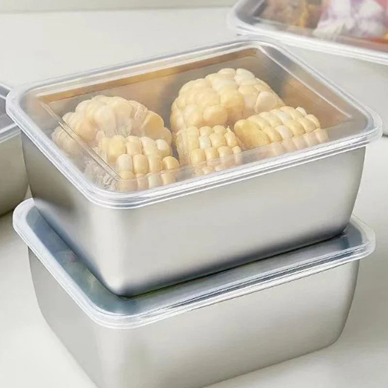 Conjunto de 2 Caixas de Armazenamento em Aço Inoxidável para Geladeira – Congelamento e Conservação de Alimentos