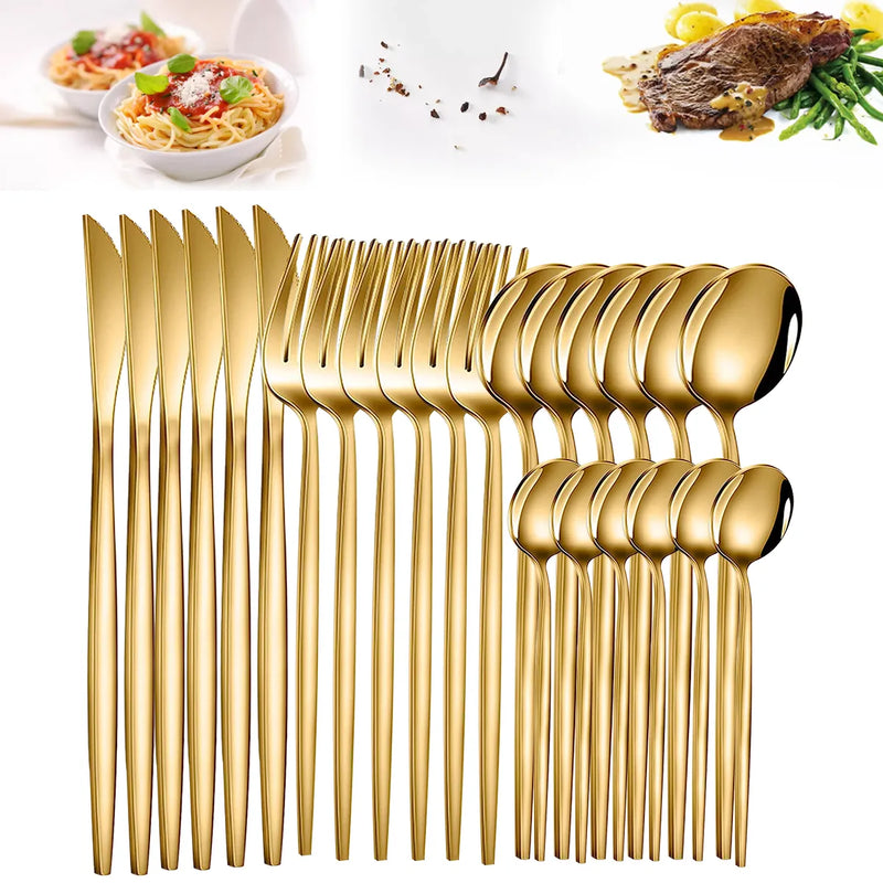 Conjunto de Talheres Dourados de Aço Inoxidável - 24 peças