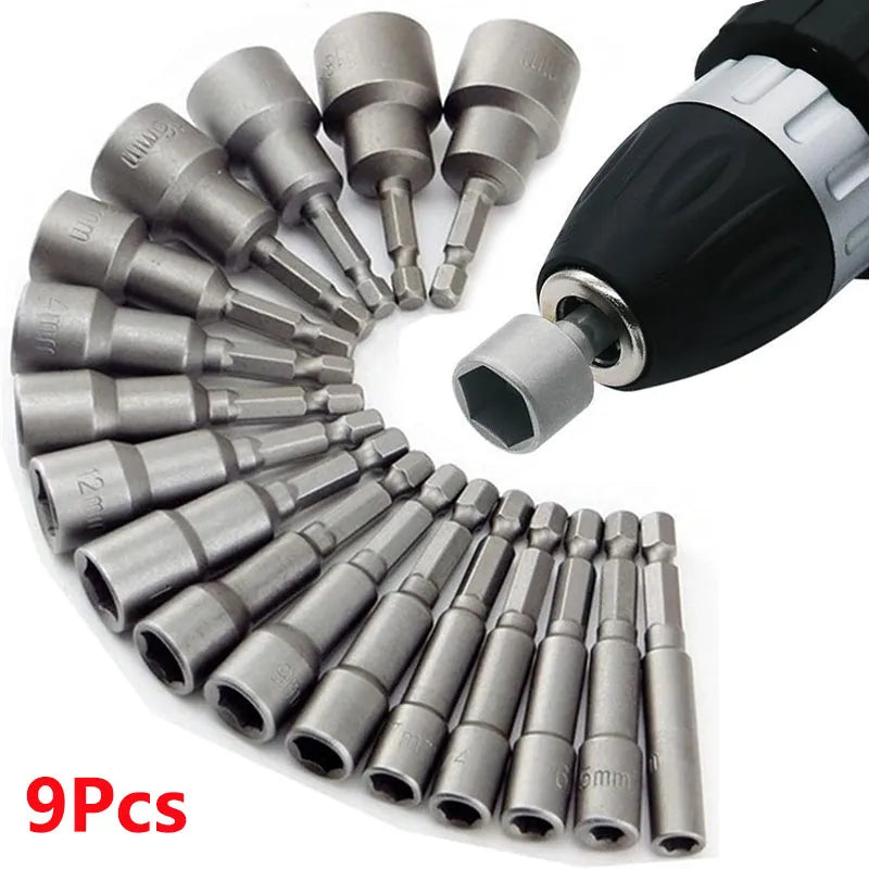 Conjunto de 9 Peças - Soquetes Hexagonais de 5mm a 13mm com Adaptadores para Parafusadeiras e Chaves de Fenda