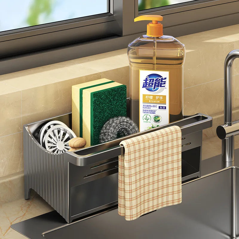Suporte de Armazenamento Automático para Pia - Organizador de Sabão, Esponja, Shampoo e Toalhas