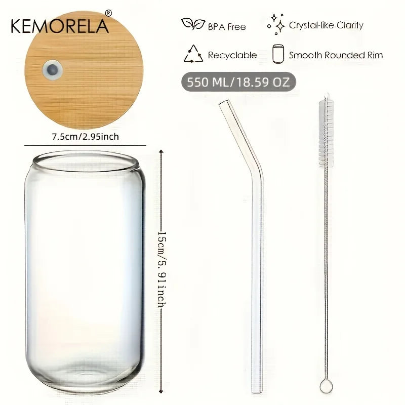 Copos de Vidro Estilo Lata 540ml com Tampas de Bambu e Canudos de Vidro - Elegância e Sustentabilidade para Cada Ocasião