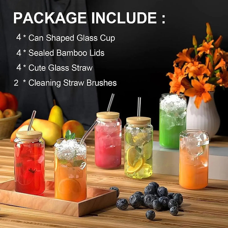Copos de Vidro Estilo Lata 540ml com Tampas de Bambu e Canudos de Vidro - Elegância e Sustentabilidade para Cada Ocasião