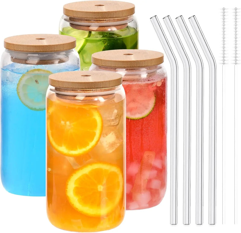 Copos de Vidro Estilo Lata 540ml com Tampas de Bambu e Canudos de Vidro - Elegância e Sustentabilidade para Cada Ocasião