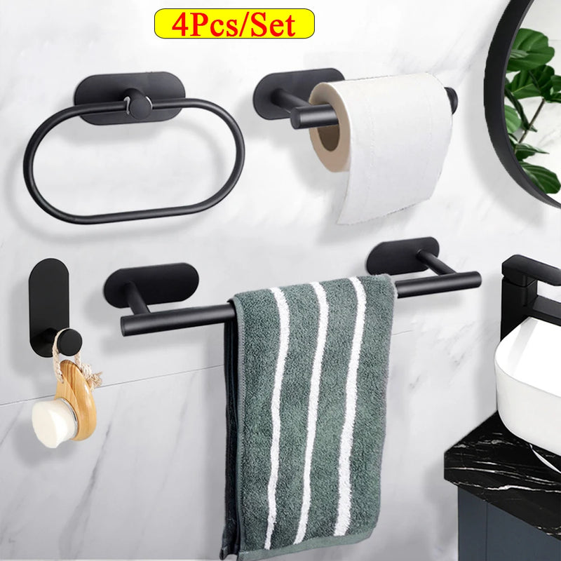 Conjunto de Acessórios para Banheiro - 4 Peças: Suportes de Toalha, Porta Papel Higiênico, Gancho Adesivo