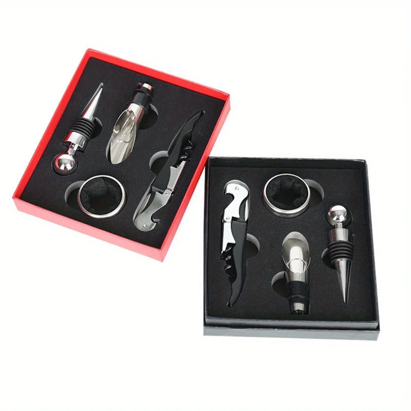 Conjunto de 4 Peças para Vinho – Saca-Rolhas, Tampa, Vertedor e Estojo de Presente